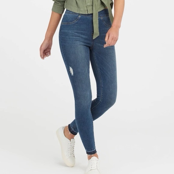 Spanx distressed pull-on skinny ankle jeans in a medium blue wash - Picture 6 of 6